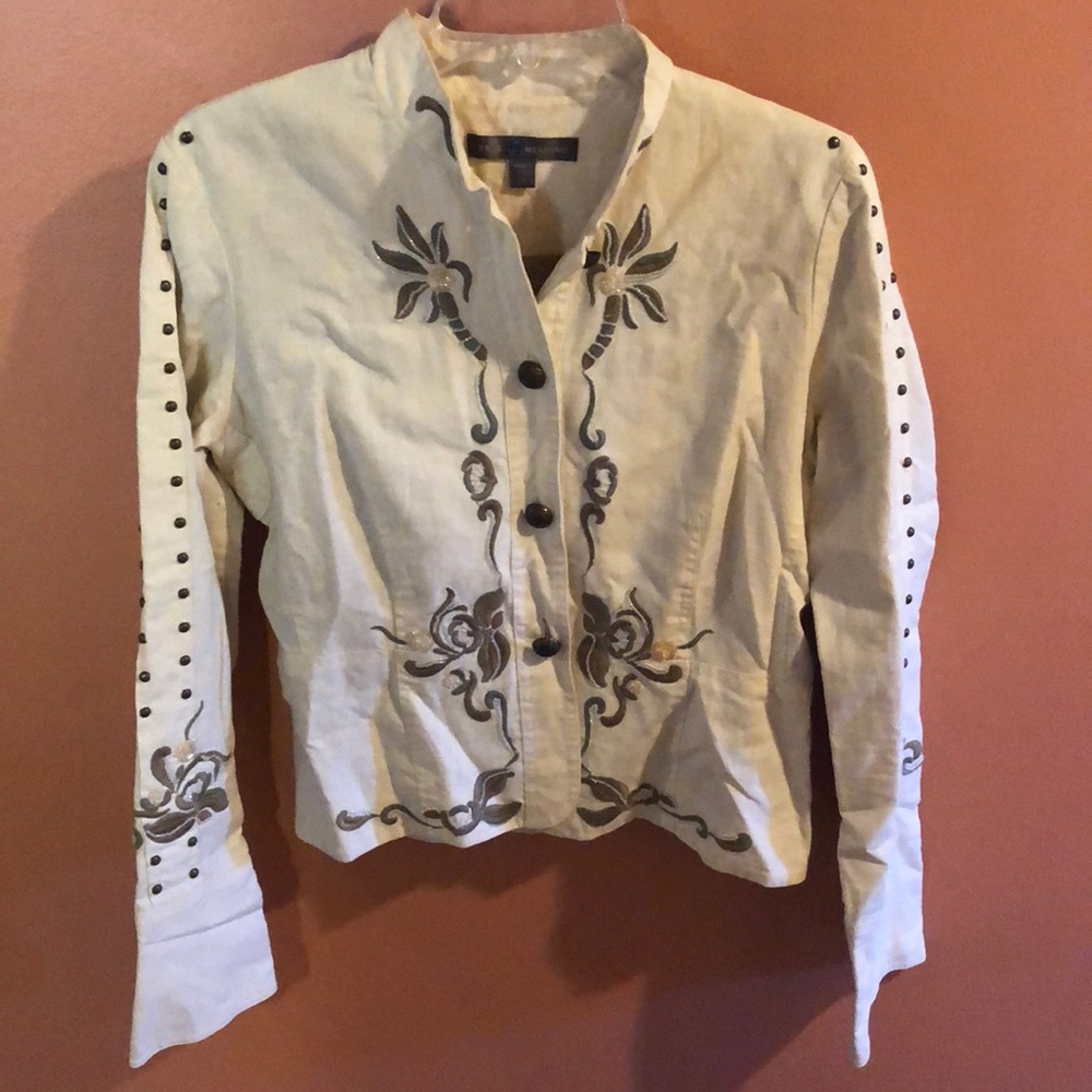 Woven jacket with beaded/embroidered designs